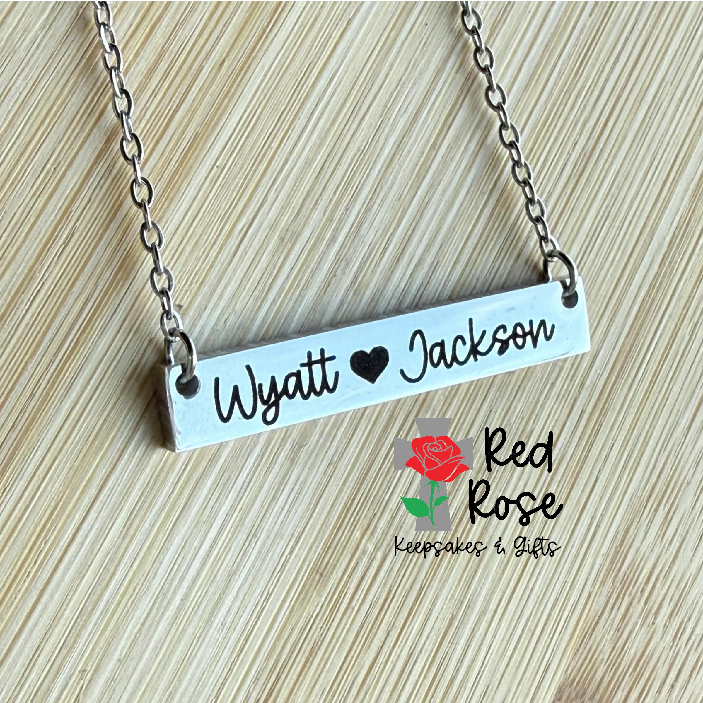Custom Bar Necklace 2 names and heart