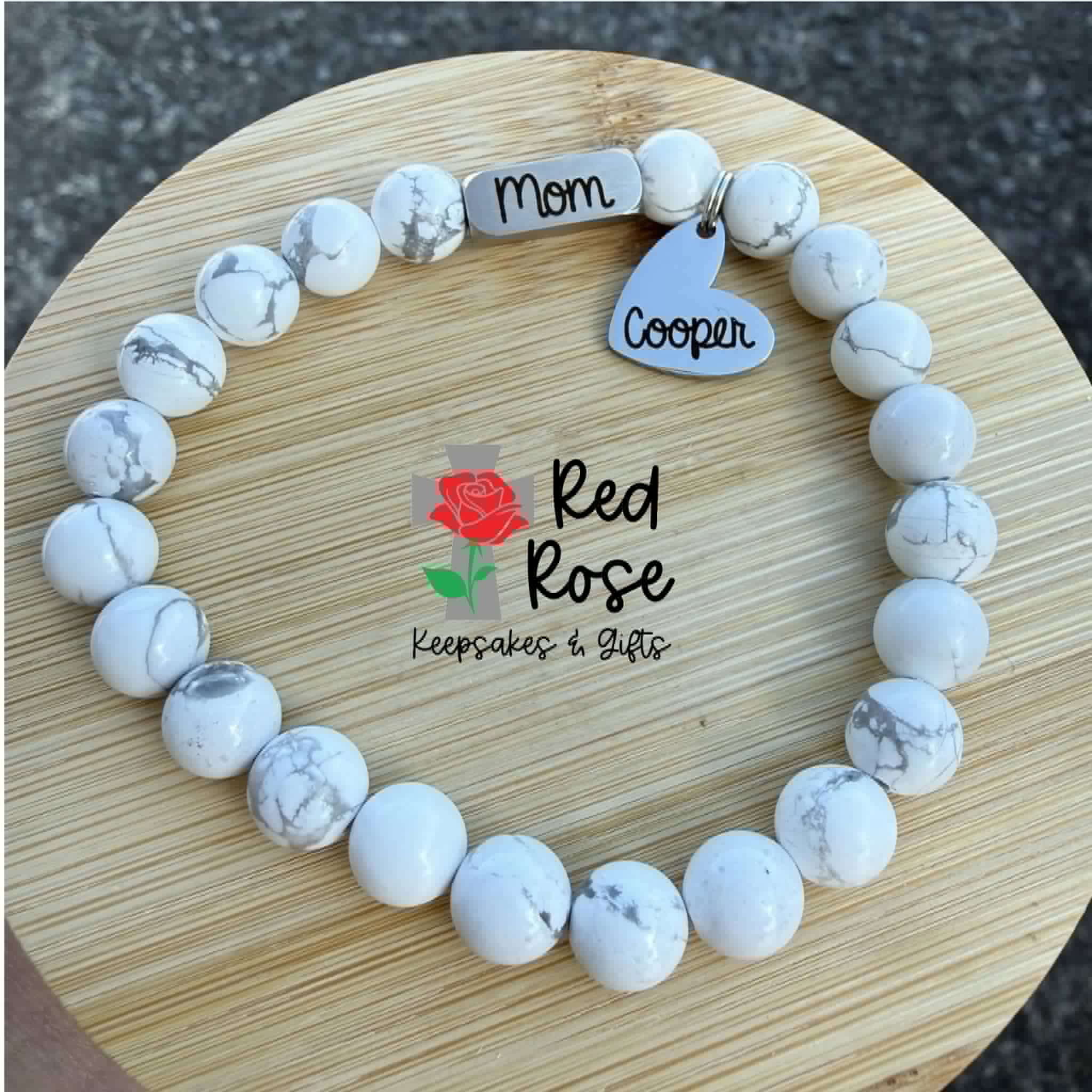 Stone Bracelet w/ Heart Charm Engraved